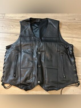 ESPINOZAS Leather Vest Biker Motorcycle Old School Street Wear Lace Up Black XL
